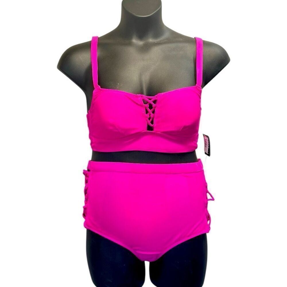 Torrid Pink Bikini Set: Wireless Strappy Lace Up Top & High Rise Bottoms 1 NWOT - Picture 7 of 16